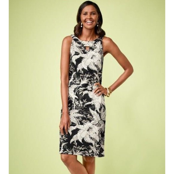 Talbots Black and White Botanical Audrey Dress Size Med Petite Floral Sleeveless - Picture 2 of 7